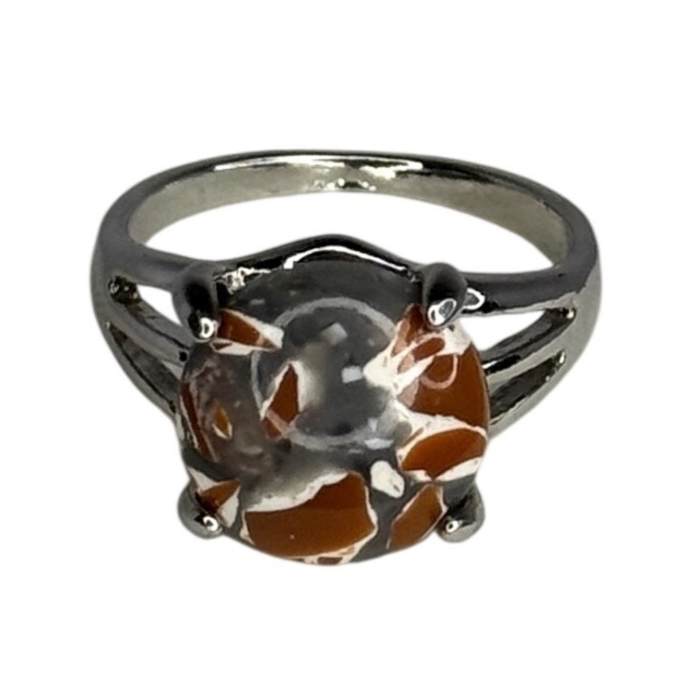 Silver Tone Brown White Blue Mosaic Stone Cocktail Statement Ring Size 7.75 Boho